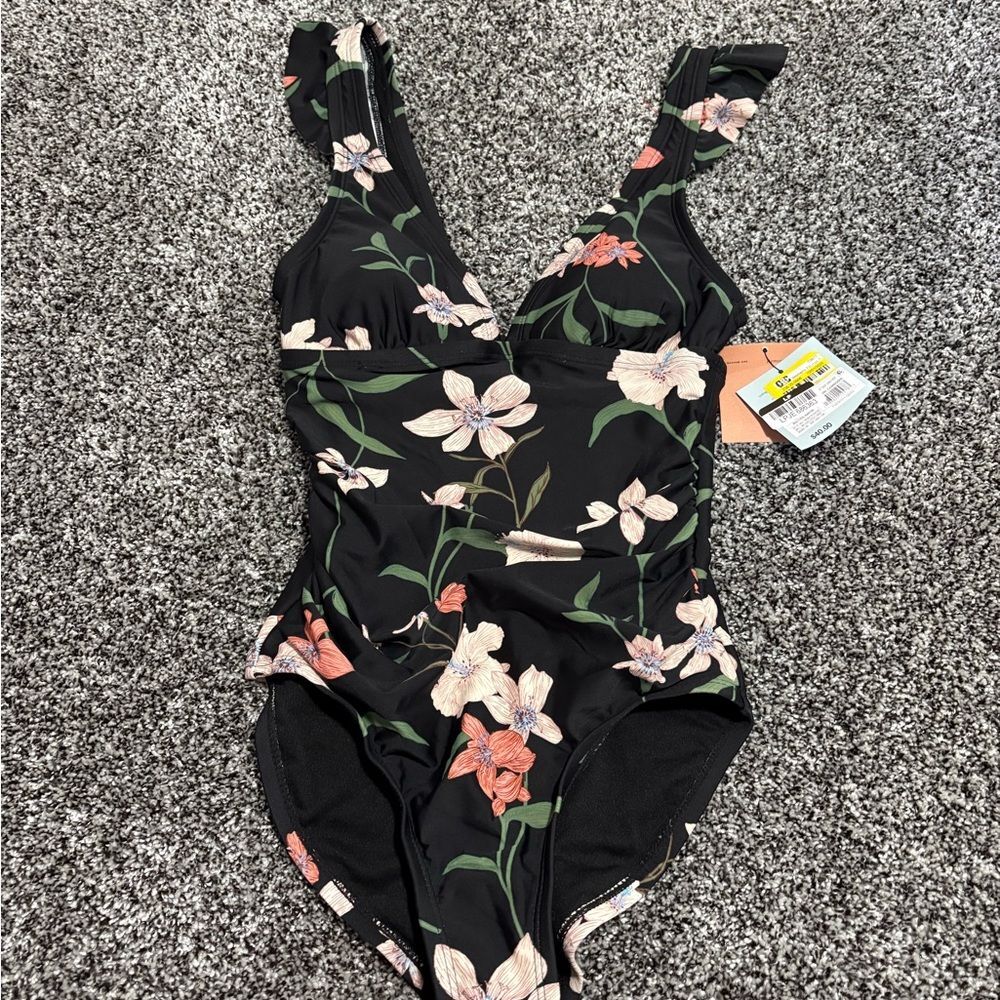 NWT woman’s shade & shore XS Black Floral One-Piece Swimsuit